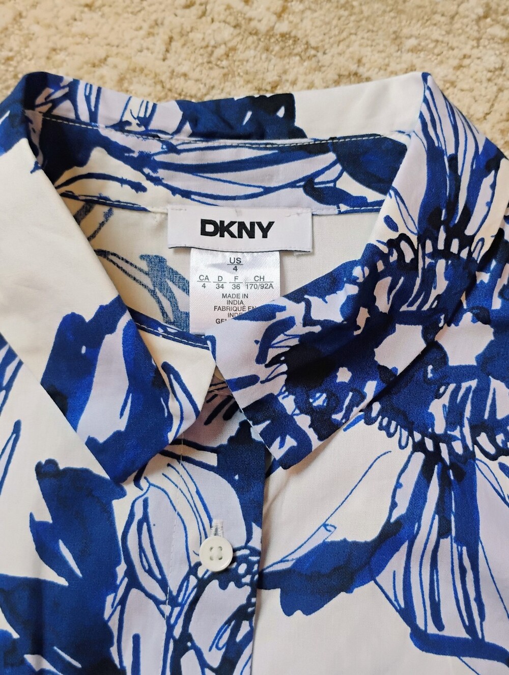 NWT 4 DKNY Blue And White Abstract Floral Short Sleeve Midi Shirt Dress NEW - Picture 3 of 10